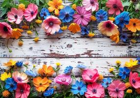 ai generiert bunt Blumen auf rustikal hölzern Hintergrund. Natur mit Farbe im Frühling. foto