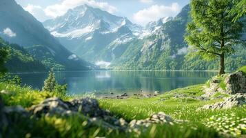 ai generiert heiter Berg See Ruhe mit reflektierend Wasser und Blumen- Verzierungen foto