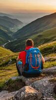 ai generiert Berg Reise Wanderung Menschen Abenteuer Mann Sommer- Reise Tourismus Gruppe Sonnenuntergang Trekking. Wanderung Reise Menschen gehen aktiv Rucksack Natur zusammen Sport jung draussen Tourist Wanderer Person foto