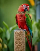 ai generiert ein groß mehrfarbig Ara Papagei ara sitzt auf ein Feeder mit Getreide. foto
