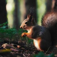 ai generiert Vertikale Schuss von ein Eichhörnchen auf das Wald Fußboden foto