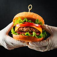 ai generiert Hand im Handschuhe halten ein Hamburger, dunkel Hintergrund foto