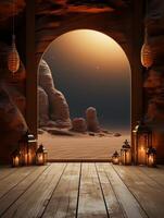 ai generiert ein Innere mit ein Wüste Landschaft durch das islamisch Torbogen mit Öl Lampe wie Dekoration foto