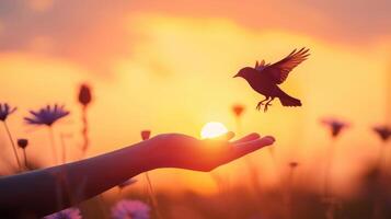 ai generiert Silhouette von Vogel fliegend aus von Mädchen Kind Hand auf schön Hintergrund Freiheit Konzept International Arbeiten Frauen39s Tag foto