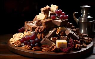 ai generiert Aussicht von Schokolade Nüsse und andere köstlich Essen auf ein hölzern Tabelle foto