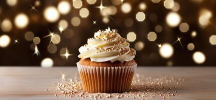 ai generiert ein Cupcake mit Glasur auf das Tabelle durch Weihnachten Beleuchtung foto