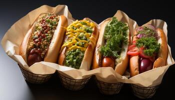 ai generiert gegrillt Rindfleisch Sandwich mit heiß Hund, Fritten, und Ketchup generiert durch ai foto