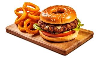 ai generiert Gourmet Burger Mahlzeit frisch, gegrillt Fleisch auf ein Sesam Brötchen generiert durch ai foto