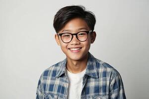 ai generiert glücklich dunkelhäutig Schülerin Teenager tragen Brille auf ein grau solide Hintergrund mit Kopieren Raum. ai generiert foto