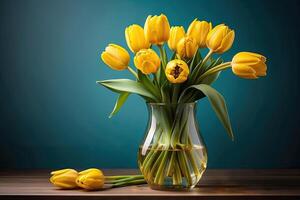 ai generiert ein Strauß von Gelb Tulpen im ein Vase auf das Tabelle auf ein Blau Hintergrund. ein festlich Geburtstag Karte, März 8., ein Frühling Geschenk. ai generiert foto