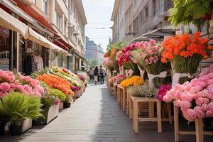 ai generiert Blume Markt auf das sonnig Straße von das Stadt - - Leben Schnitt Blumensträuße sind verkauft auf draussen Stände. ai generiert foto