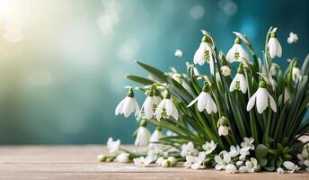 ai generiert ein Strauß von Weiß Schneeglöckchen auf das Tabelle auf ein Blau Hintergrund mit festlich Bokeh Beleuchtung und Kopieren Raum. ein festlich Geburtstag Karte, März 8., ein Frühling Geschenk. ai generiert foto