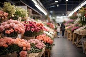 ai generiert Blume Markt auf das sonnig Straße von das Stadt - - Leben Schnitt Blumensträuße sind verkauft auf draussen Stände. foto