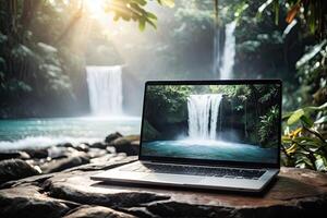 ai generiert Laptop mit Wasserfall im das tropisch Urwald Hintergrund auf Tabelle auf ein Berg See im das Felsen mit Wasserfall. Fernbedienung Arbeit auf Ferien und reisen, Zuhause Büro, Internet, Touren, Trekking. foto