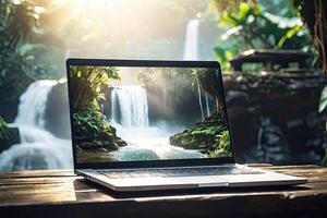 ai generiert Laptop mit Wasserfall im das tropisch Urwald Hintergrund auf Tabelle auf ein Berg See im das Felsen mit Wasserfall. Fernbedienung Arbeit auf Ferien und reisen, Zuhause Büro, Internet, Touren, Trekking. foto