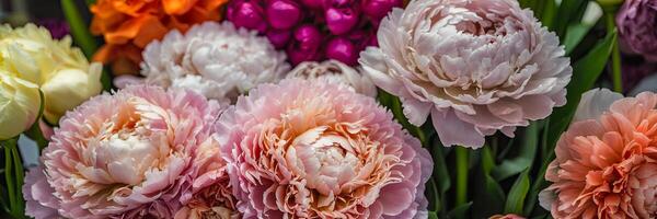 ai generiert mehrfarbig pionen im ein Blume Geschäft - - frisch liefern von Schnitt Blumen zum Frühling Feiertage, Blumen- Geschäft. ai generiert foto