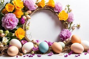 ai generiert mehrfarbig Ostern Eier Rahmen mit Frühling Blumen - - Ostern Karte mit ein Raum zum Text. rustikal Ostern Hintergrund foto