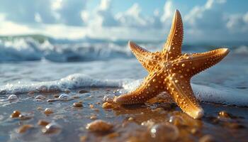 ai generiert Seestern auf das Strand. Seestern auf das Sand Nahaufnahme. Nahansicht von ein Meer Star auf ein sandig Strand im tropisch Ort foto