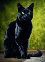 ai generiert Porträt von ein schwarz Katze mit Gelb Augen auf ein dunkel Hintergrund. ai generativ foto