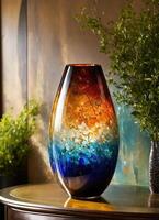 ai generiert bunt dekorativ Glas Vase mit Grün und Blau Muster auf das Tisch. schließen hoch. ai generativ foto