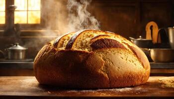 ai generiert frisch gebacken Brot mit Sesam Saat auf ein hölzern Tafel. ai generativ foto