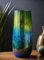 ai generiert bunt dekorativ Glas Vase mit Grün und Blau Muster auf das Tisch. schließen hoch. ai generativ foto