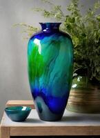 ai generiert bunt dekorativ Glas Vase mit Grün und Blau Muster auf das Tisch. schließen hoch. ai generativ foto