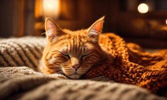 ai generiert süß Ingwer Katze Lügen auf das Bett mit ein warm Decke. ai generativ foto