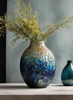 ai generiert bunt dekorativ Glas Vase mit Grün und Blau Muster auf das Tisch. schließen hoch. ai generativ foto