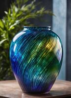 ai generiert bunt dekorativ Glas Vase mit Grün und Blau Muster auf das Tisch. schließen hoch. ai generativ foto