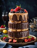 ai generiert Schokolade Kuchen mit ausgepeitscht Sahne und frisch Früchte auf ein dunkel Hintergrund. ai generativ foto