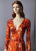 ai generiert modisch Abend Orange Sommer- Kleid auf ein Mannequin. ai generativ. ai generativ foto