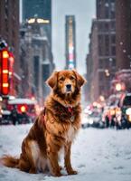 ai generiert süß Nova schottland Ente gebührend Retriever Hund Sitzung auf ein schneebedeckt Straße. ai generativ foto