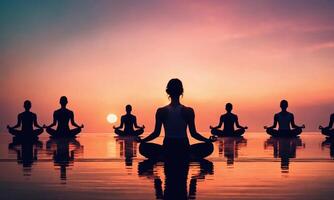 ai generiert Silhouette von jung Frauen üben Yoga auf das Strand beim Sonnenuntergang. ai generativ foto