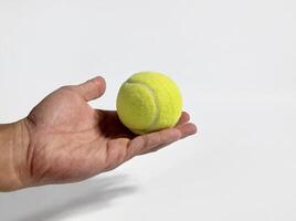 ein Tennis Ball gehaltenen durch ein asiatisch Mann foto