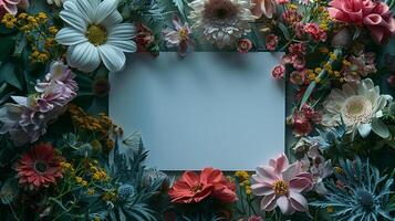ai generiert Frühling Gelassenheit elegant Hochzeit feierlich Gruß Karte geschmückt mit Blumen auf ein Licht foto