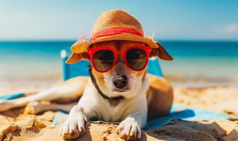 ai generiert stilvoll Chihuahua Hund Sonnenbaden beim das Strand mit Sonnenbrille und Hut foto