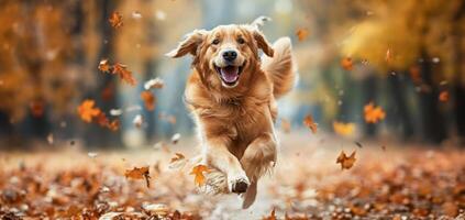 ai generiert glücklich golden Retriever spielen im Herbst Blätter foto