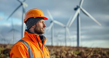 ai generiert Ingenieur im Sicherheit Ausrüstung beim Wind Bauernhof foto