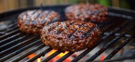 ai generiert saftig gegrillt Burger Über flammend Holzkohle Grill foto