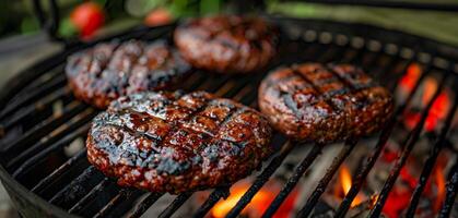 ai generiert saftig gegrillt Burger Über flammend Holzkohle Grill foto