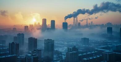 ai generiert dunstig Sonnenaufgang Über das städtisch Horizont foto