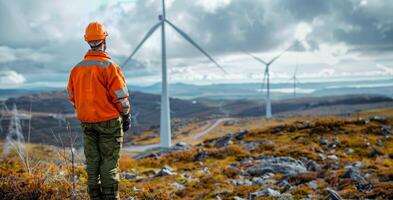 ai generiert Ingenieur im Sicherheit Ausrüstung beim Wind Bauernhof foto