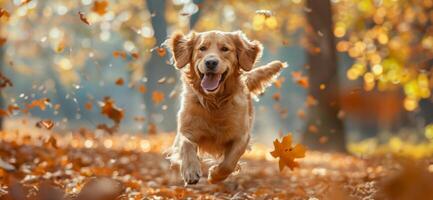 ai generiert glücklich golden Retriever spielen im Herbst Blätter foto