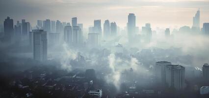 ai generiert dunstig Sonnenaufgang Über das städtisch Horizont foto