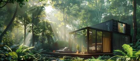 ai generiert Container Haus Kabine mit modern Konzept im das Gelassenheit Wald foto