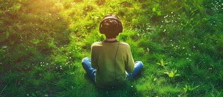 ai generiert ein jung Mann Hören Musik- verwenden Kopfhörer beim heiter Frühling Park foto