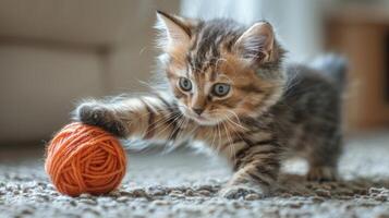 ai generiert Kätzchen spielen mit Ball von Garn foto