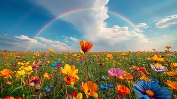 ai generiert Blume Feld mit Regenbogen Hintergrund foto