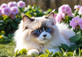 ai generiert süß flauschige Ragdoll Katze genießt schnüffeln das Primeln. ein klar, sonnig Tag. warm Frühling Wetter. Porträt, Nahansicht. foto